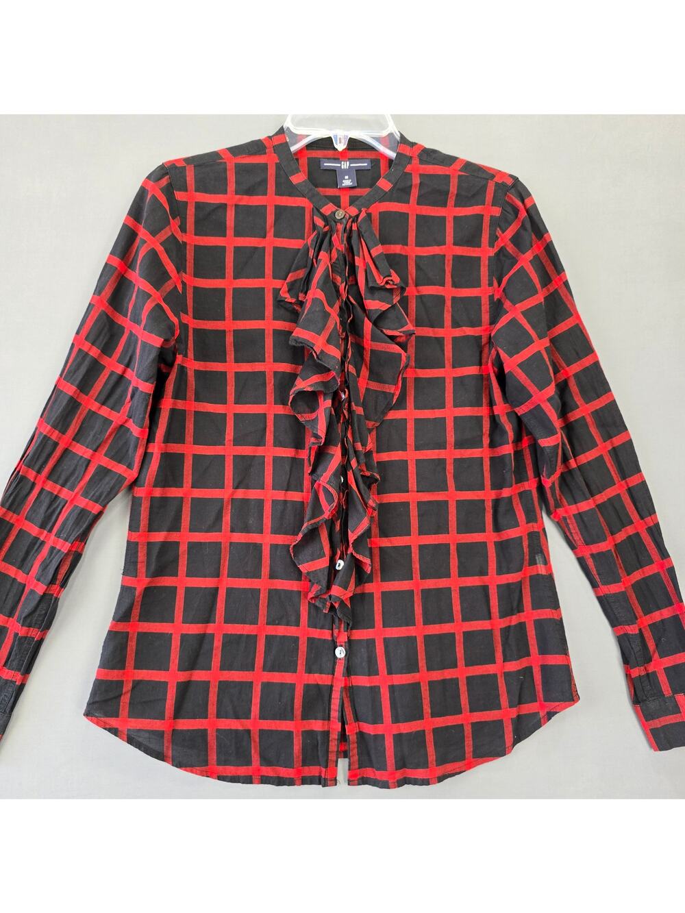 Gap Black Red Ruffled Plaid Shirt Long Sleeves Button Up Blouse Women Size M Top